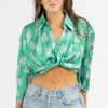 SUNDAY UP CLOTHING GREEN PATTERNED FRONT TWIST CROP