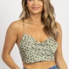 MISS LOVE NEW ARRIVALS GREEN FLORAL OPEN BACK SILKY CROP TOP