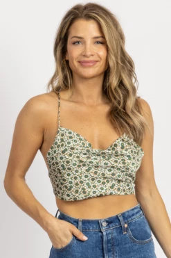 MISS LOVE NEW ARRIVALS GREEN FLORAL OPEN BACK SILKY CROP TOP