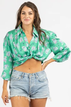 SUNDAY UP CLOTHING GREEN PATTERNED FRONT TWIST CROP
