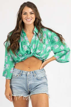 SUNDAY UP CLOTHING GREEN PATTERNED FRONT TWIST CROP