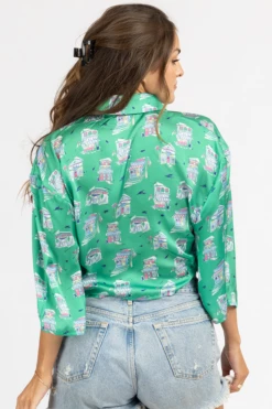 SUNDAY UP CLOTHING GREEN PATTERNED FRONT TWIST CROP