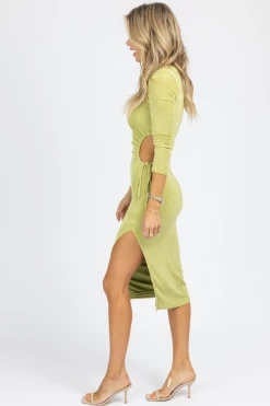 LENA NEW ARRIVALS GREEN SLINKY OPEN SIDE TIE MIDI DRESS *BACK IN STOCK*