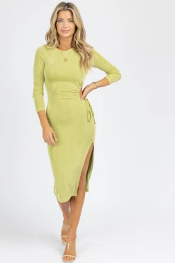 LENA NEW ARRIVALS GREEN SLINKY OPEN SIDE TIE MIDI DRESS *BACK IN STOCK*