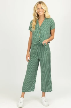 DEE ELLY CLOTHING GREEN STRIPED TIE TOP + PANT SET