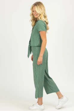 DEE ELLY CLOTHING GREEN STRIPED TIE TOP + PANT SET