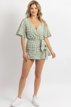 DAY + MOON NEW ARRIVALS GREEN + NATURAL GINGHAM WRAP ROMPER