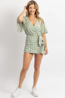 DAY + MOON NEW ARRIVALS GREEN + NATURAL GINGHAM WRAP ROMPER