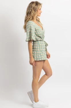 DAY + MOON NEW ARRIVALS GREEN + NATURAL GINGHAM WRAP ROMPER