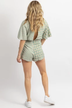 DAY + MOON NEW ARRIVALS GREEN + NATURAL GINGHAM WRAP ROMPER