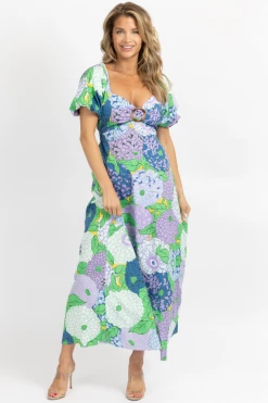 FORE COLLECTION LAVENDER + GREEN MULTIFLORAL BUCKLE MIDI DRESS