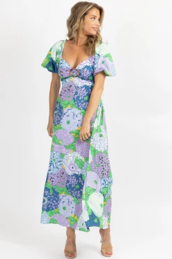 FORE COLLECTION LAVENDER + GREEN MULTIFLORAL BUCKLE MIDI DRESS