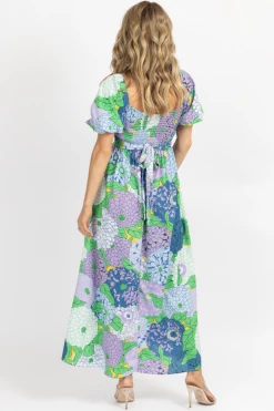 FORE COLLECTION LAVENDER + GREEN MULTIFLORAL BUCKLE MIDI DRESS