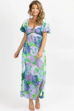 FORE COLLECTION LAVENDER + GREEN MULTIFLORAL BUCKLE MIDI DRESS