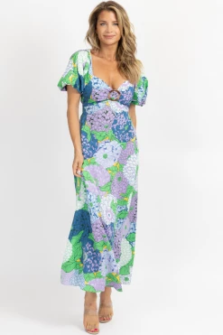 FORE COLLECTION LAVENDER + GREEN MULTIFLORAL BUCKLE MIDI DRESS