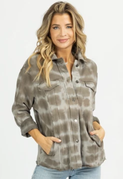 OLIVACEOUS GREIGE DYED OVERSIZE SHIRT JACKET