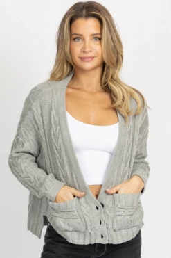 OLIVACEOUS NEW ARRIVALS GREY CABLEKNIT PLUNGING BUTTON CARDIGAN