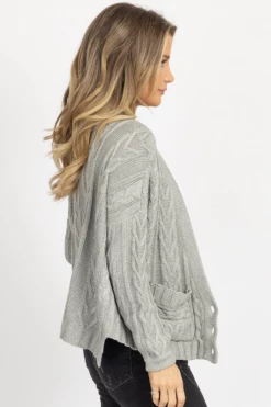 OLIVACEOUS NEW ARRIVALS GREY CABLEKNIT PLUNGING BUTTON CARDIGAN 8 OLIVACEOUS NEW ARRIVALS GREY CABLEKNIT PLUNGING BUTTON CARDIGAN