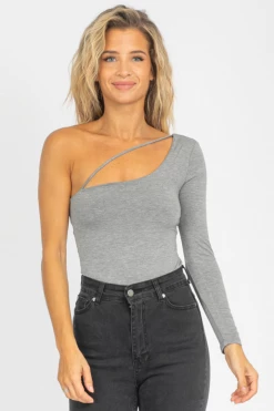 FINAL TOUCH GREY ONE SHOULDER DIAGONAL STRAP TOP
