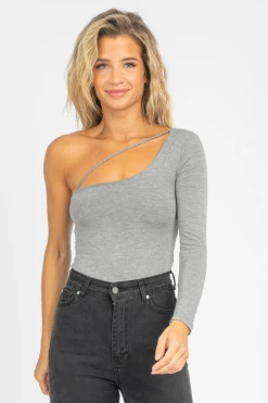FINAL TOUCH GREY ONE SHOULDER DIAGONAL STRAP TOP