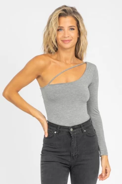 FINAL TOUCH GREY ONE SHOULDER DIAGONAL STRAP TOP