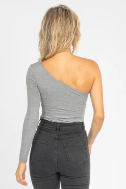 FINAL TOUCH GREY ONE SHOULDER DIAGONAL STRAP TOP