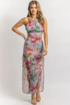 OLIVACEOUS NEW ARRIVALS GREY + FUCHSIA FLORAL OPEN BACK MAXI DRESS *BACK IN STOCK*