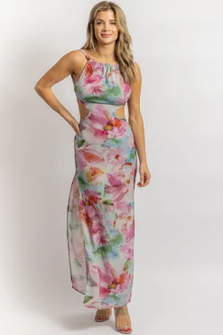 OLIVACEOUS NEW ARRIVALS GREY + FUCHSIA FLORAL OPEN BACK MAXI DRESS *BACK IN STOCK*