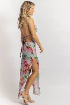 OLIVACEOUS NEW ARRIVALS GREY + FUCHSIA FLORAL OPEN BACK MAXI DRESS *BACK IN STOCK*