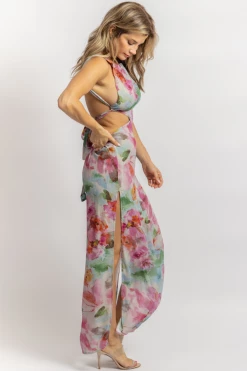 OLIVACEOUS NEW ARRIVALS GREY + FUCHSIA FLORAL OPEN BACK MAXI DRESS *BACK IN STOCK*