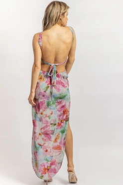 OLIVACEOUS NEW ARRIVALS GREY + FUCHSIA FLORAL OPEN BACK MAXI DRESS *BACK IN STOCK*