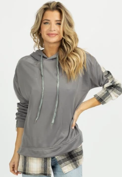 THE FREE YOGA NEW ARRIVALS GREY PLAID CONTRAST SHIRT HOODIE