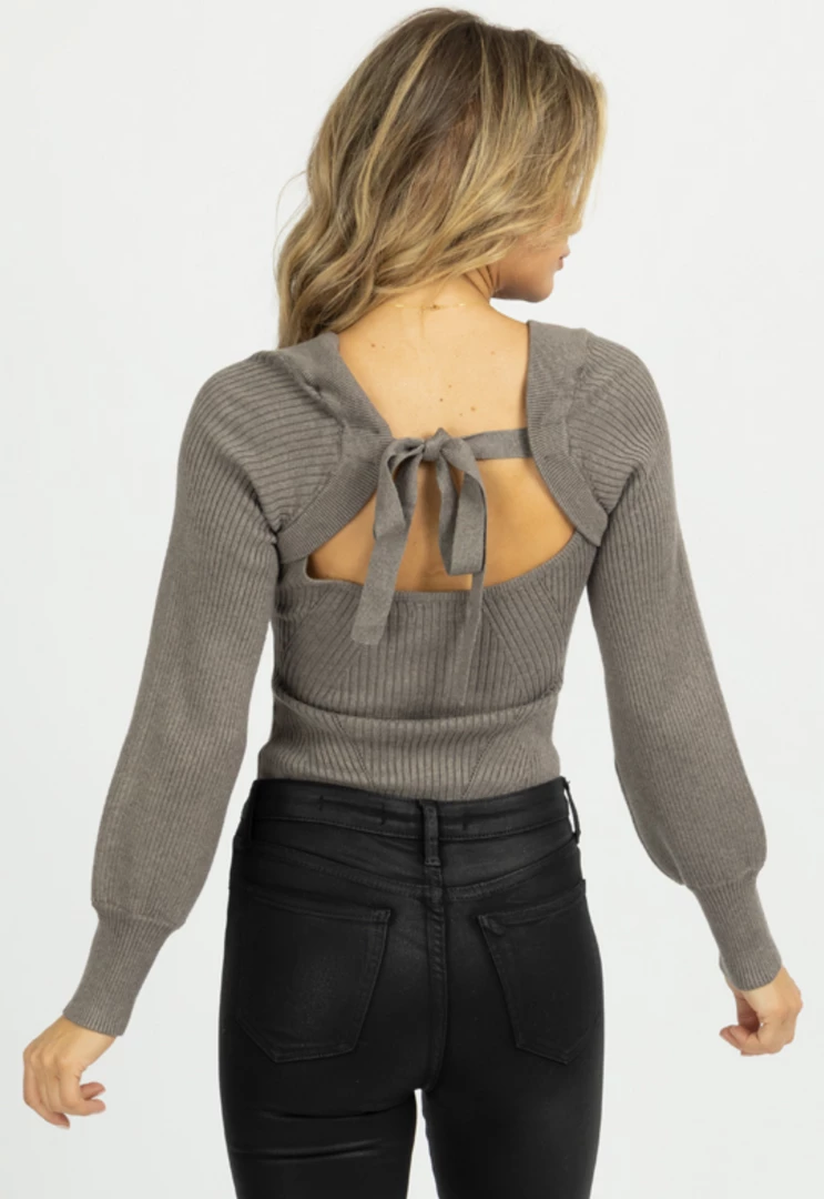 LUSH GREY RIBBED BOW BACK KNIT TOP *RESTOCK COMING SOON* 7 LUSH GREY RIBBED BOW BACK KNIT TOP *RESTOCK COMING SOON*