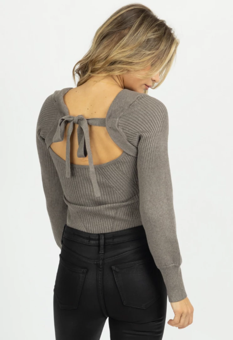 LUSH GREY RIBBED BOW BACK KNIT TOP *RESTOCK COMING SOON* 2 LUSH GREY RIBBED BOW BACK KNIT TOP *RESTOCK COMING SOON*