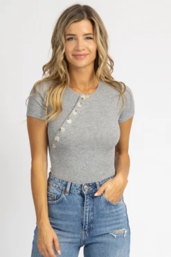 FORE COLLECTION CLOTHING GREY RIBBED SIDE BUTTON BODYSUIT