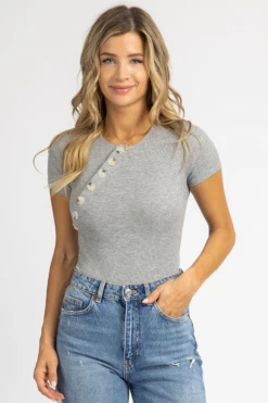 FORE COLLECTION CLOTHING GREY RIBBED SIDE BUTTON BODYSUIT