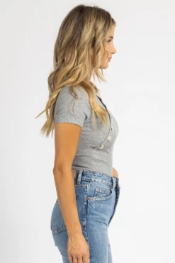 FORE COLLECTION CLOTHING GREY RIBBED SIDE BUTTON BODYSUIT