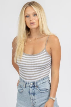 DYNAMIC FASHION GREY STRIPED LOW BACK BODYSUIT