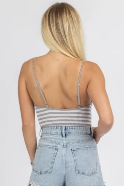 DYNAMIC FASHION GREY STRIPED LOW BACK BODYSUIT