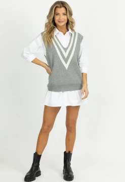 ALL ROW HEATHER GREY VARSITY STRIPED SWEATER VEST