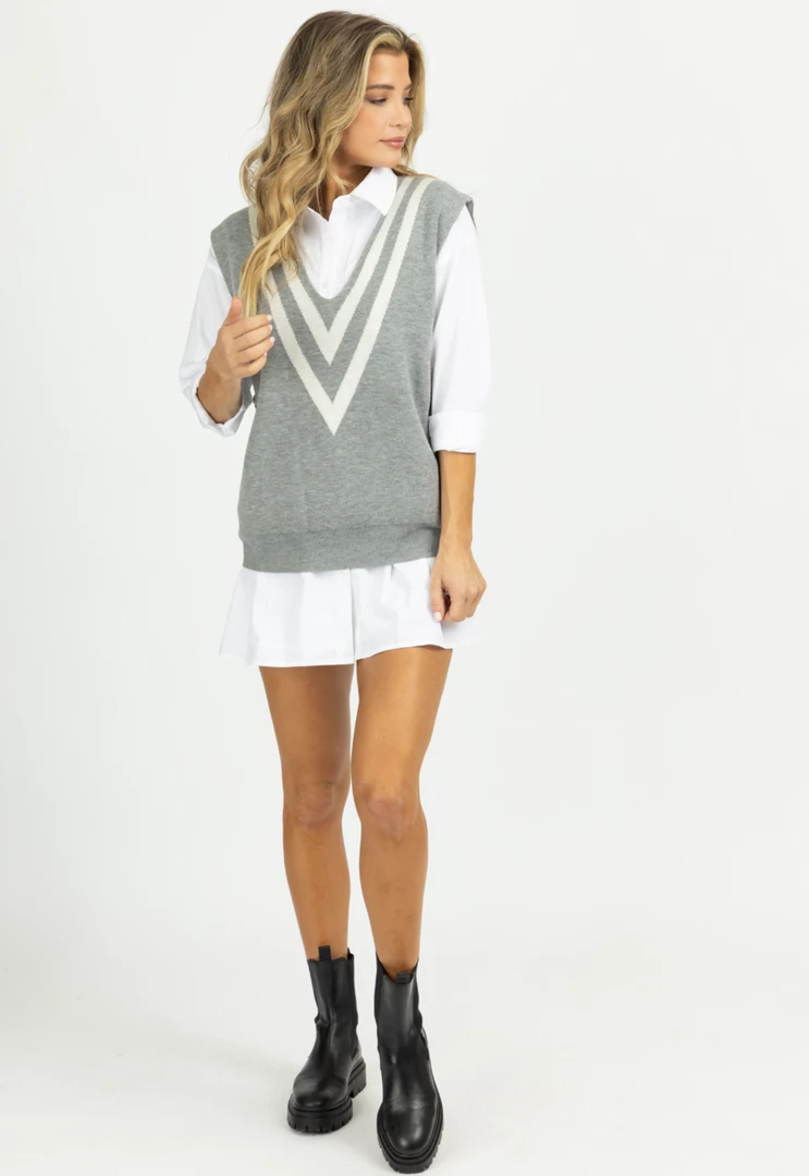 ALL ROW HEATHER GREY VARSITY STRIPED SWEATER VEST 4 ALL ROW HEATHER GREY VARSITY STRIPED SWEATER VEST