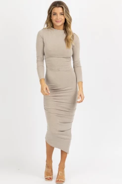 WINWIN APPAREL NEW ARRIVALS HEATHERED TAUPE LONG SLEEVE RUCHED MIDI DRESS
