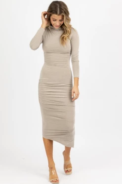 WINWIN APPAREL NEW ARRIVALS HEATHERED TAUPE LONG SLEEVE RUCHED MIDI DRESS