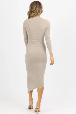 WINWIN APPAREL NEW ARRIVALS HEATHERED TAUPE LONG SLEEVE RUCHED MIDI DRESS