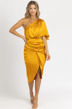 DO + BE NEW ARRIVALS HONEY ASYMMETRIC SATIN MIDI DRESS *BACK IN STOCK*