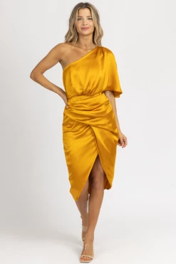 DO + BE NEW ARRIVALS HONEY ASYMMETRIC SATIN MIDI DRESS *BACK IN STOCK*