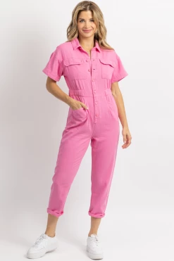 FORE COLLECTION HOT PINK WASHED DENIM JUMPSUIT NEW ARRIVALS