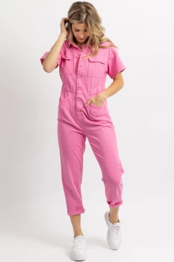 FORE COLLECTION HOT PINK WASHED DENIM JUMPSUIT NEW ARRIVALS