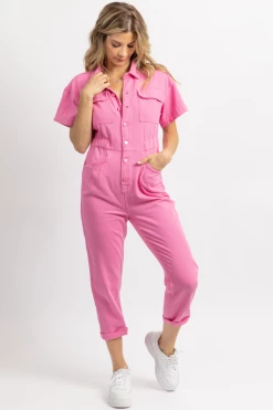 FORE COLLECTION HOT PINK WASHED DENIM JUMPSUIT NEW ARRIVALS