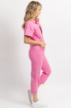 FORE COLLECTION HOT PINK WASHED DENIM JUMPSUIT NEW ARRIVALS